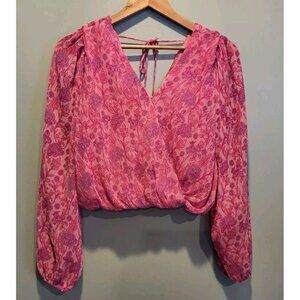 Pink Purple Floral Long Puff Sleeve Faux Wrap Top Japna Sz S Feminine  Fairy